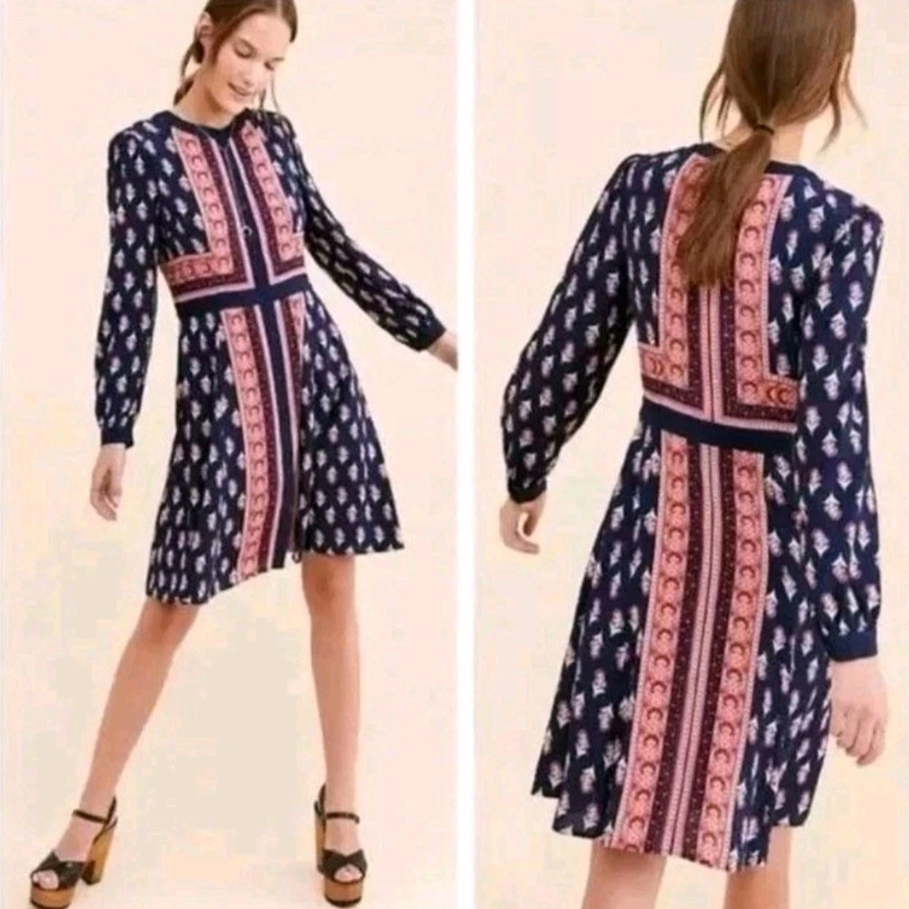 Gal Meets Glam Carlene Floral Block Print Long Sleeve Navy Rose Dress Womens 2